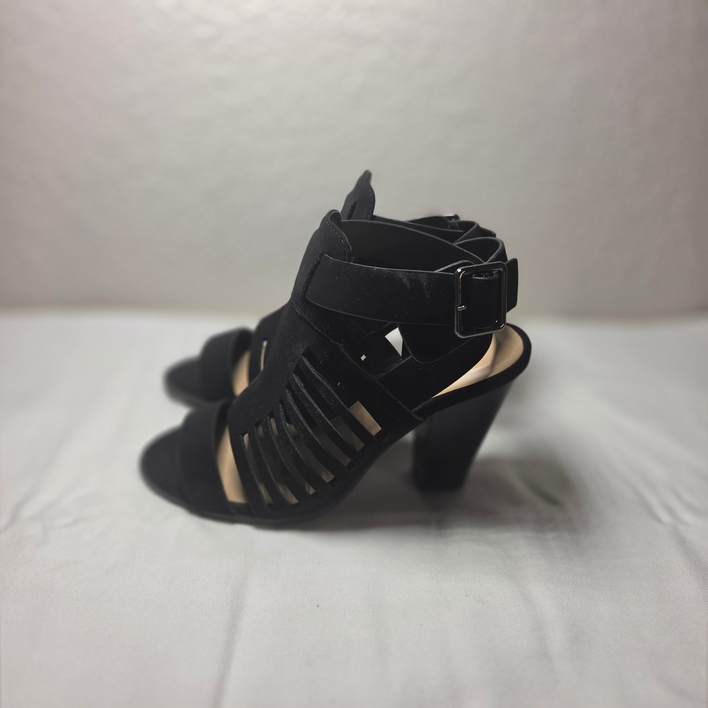 Black Faux Suede Cage Block Heel Sandals Strappy Buckle Ankle Strap Open Toe